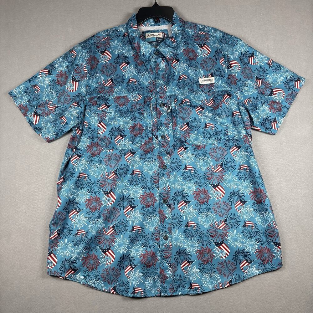 Magellan Outdoors Men's XL Blue Americana Fireworks Flag Fishing Shirt